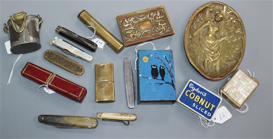 A George III silver bladed pocket fruit knife, various pen knives, mach box holders etc